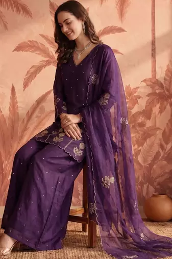 Women Ethnic Motifs Embroidered Regular Thread Work Chanderi Silk Kurta with Palazzos & With Dupatta