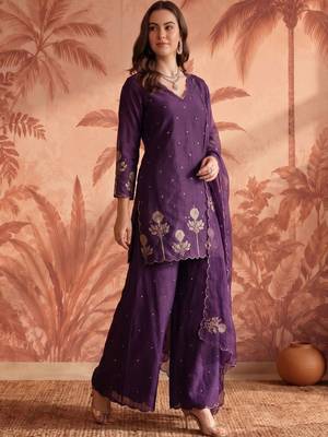Women Ethnic Motifs Embroidered Regular Thread Work Chanderi Silk Kurta with Palazzos & With Dupatta 6