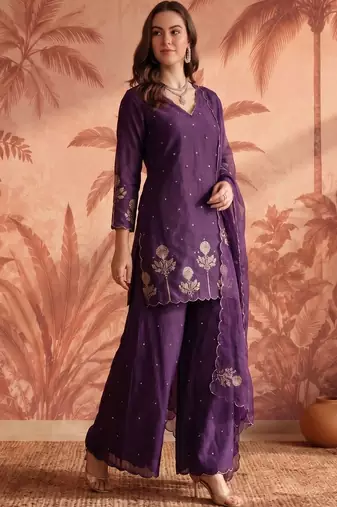 Women Ethnic Motifs Embroidered Regular Thread Work Chanderi Silk Kurta with Palazzos & With Dupatta