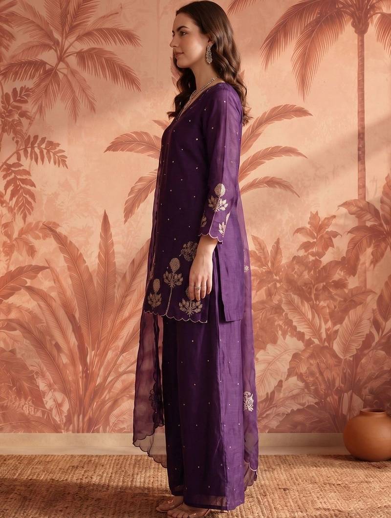 Women Ethnic Motifs Embroidered Regular Thread Work Chanderi Silk Kurta with Palazzos & With Dupatta