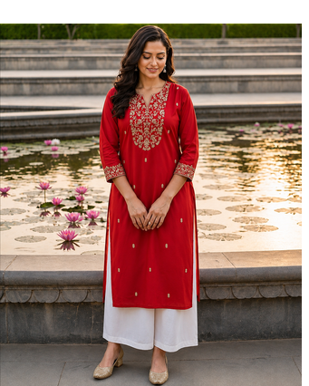 Red Rayon Embroidered Kurti with Palazzo for Women | Festive Wear 2