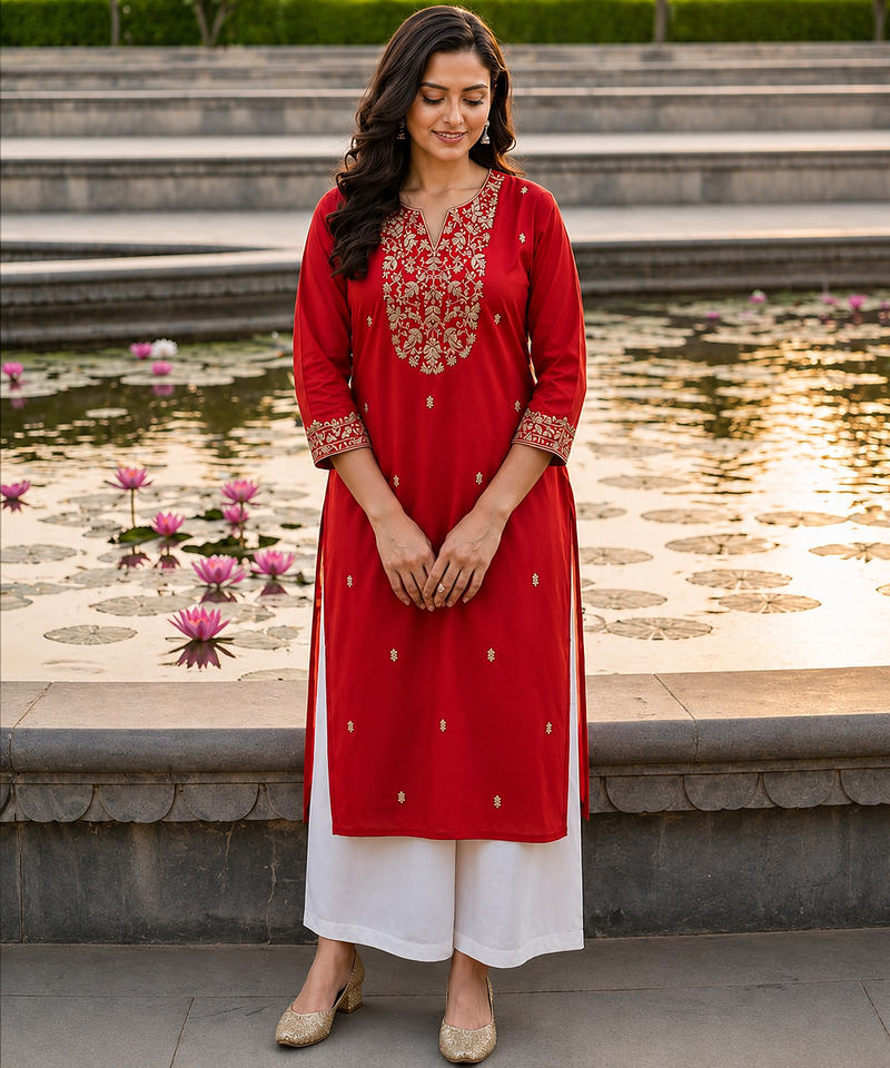 Red Rayon Embroidered Kurti with Palazzo for Women | Festive Wear