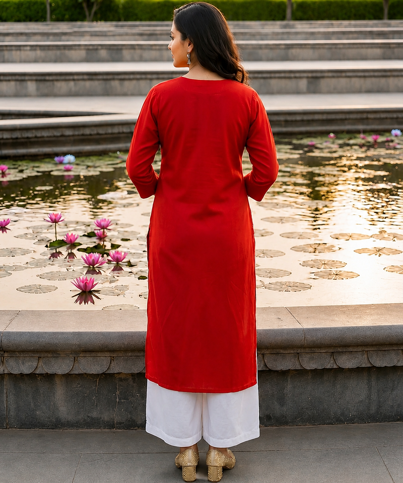 Red Rayon Embroidered Kurti with Palazzo for Women | Festive Wear