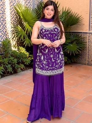 Ethnic Motifs Thread Work Silk Chiffon Kurta with Sharara & With Dupatta 1