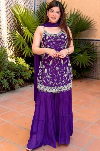 Ethnic Motifs Thread Work Silk Chiffon Kurta with Sharara & With Dupatta