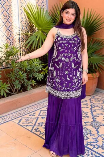 Ethnic Motifs Thread Work Silk Chiffon Kurta with Sharara & With Dupatta