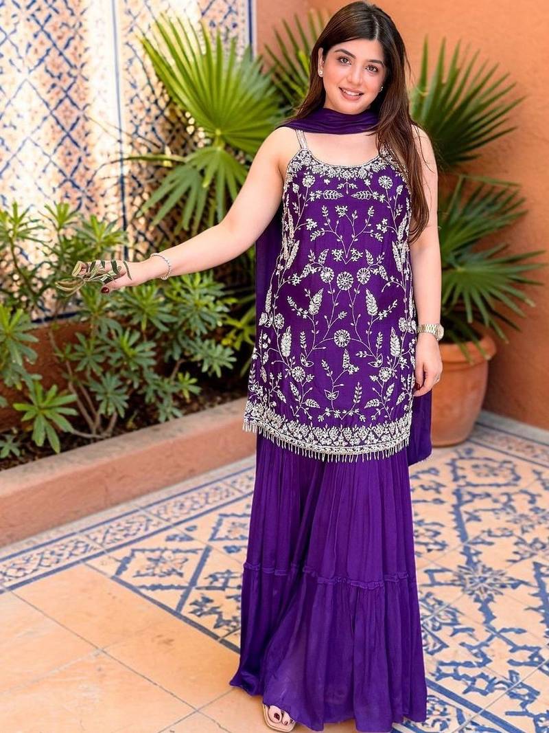 Ethnic Motifs Thread Work Silk Chiffon Kurta with Sharara & With Dupatta