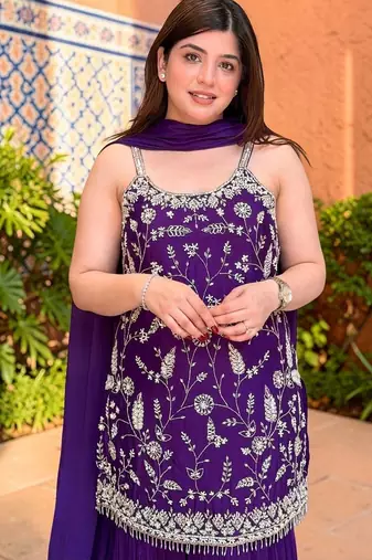 Ethnic Motifs Thread Work Silk Chiffon Kurta with Sharara & With Dupatta
