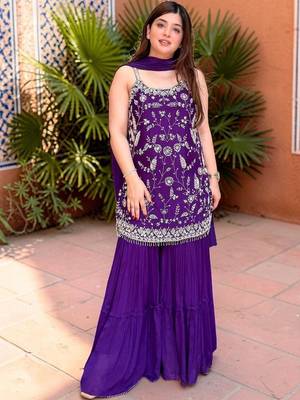 Ethnic Motifs Thread Work Silk Chiffon Kurta with Sharara & With Dupatta 5