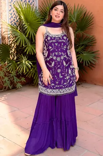 Ethnic Motifs Thread Work Silk Chiffon Kurta with Sharara & With Dupatta