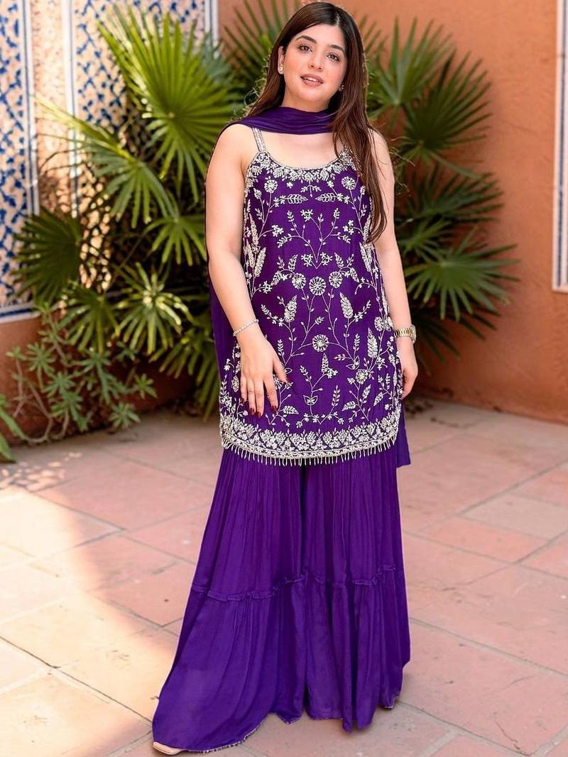 Ethnic Motifs Thread Work Silk Chiffon Kurta with Sharara & With Dupatta