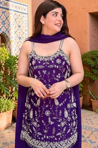 Ethnic Motifs Thread Work Silk Chiffon Kurta with Sharara & With Dupatta