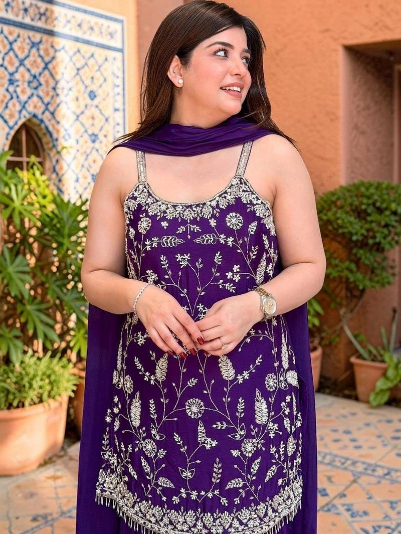 Ethnic Motifs Thread Work Silk Chiffon Kurta with Sharara & With Dupatta