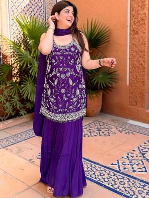 Ethnic Motifs Thread Work Silk Chiffon Kurta with Sharara & With Dupatta 7