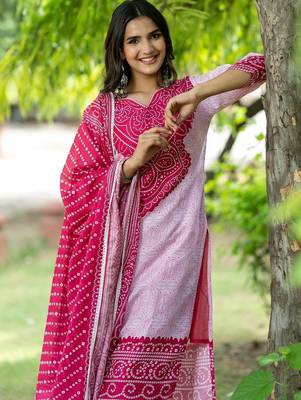 Women Bandhani Printed Regular Pure Cotton Kurta with Trousers & With Dupatta 2