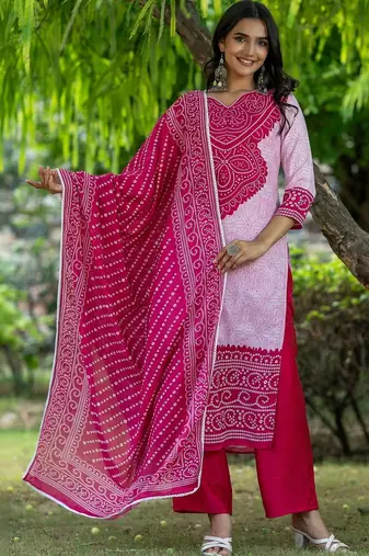 Women Bandhani Printed Regular Pure Cotton Kurta with Trousers & With Dupatta