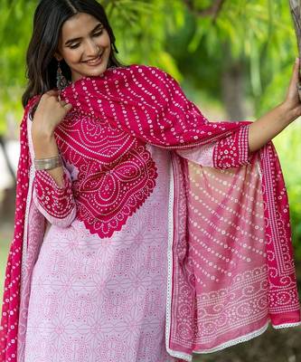 Women Bandhani Printed Regular Pure Cotton Kurta with Trousers & With Dupatta 5