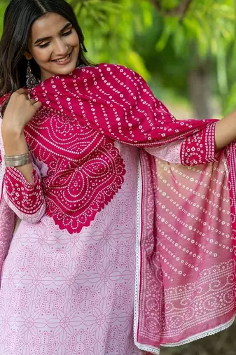 Women Bandhani Printed Regular Pure Cotton Kurta with Trousers & With Dupatta