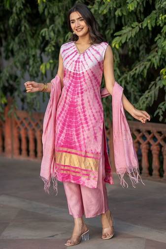 Women Dyed Regular  Silk Kurta with Trousers & With Dupatta