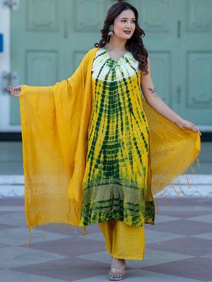 Abstract Printed V-Neck Pure Silk Kurta With Trousers & Dupatta 1