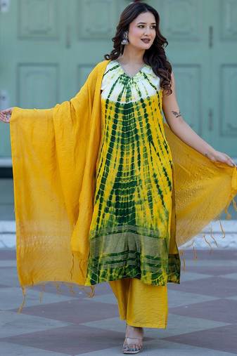 Abstract Printed V-Neck  Silk Kurta With Trousers & Dupatta