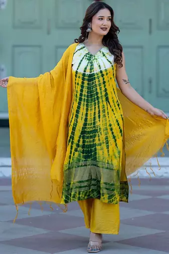 Abstract Printed V-Neck Pure Silk Kurta With Trousers & Dupatta