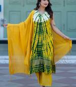 Abstract Printed V-Neck Pure Silk Kurta With Trousers & Dupatta