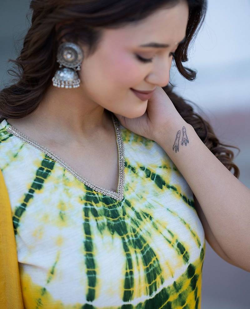 Abstract Printed V-Neck Pure Silk Kurta With Trousers & Dupatta