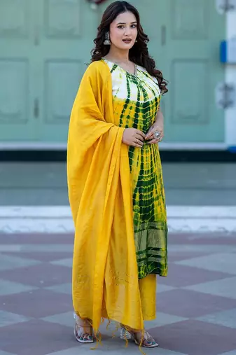 Abstract Printed V-Neck Pure Silk Kurta With Trousers & Dupatta