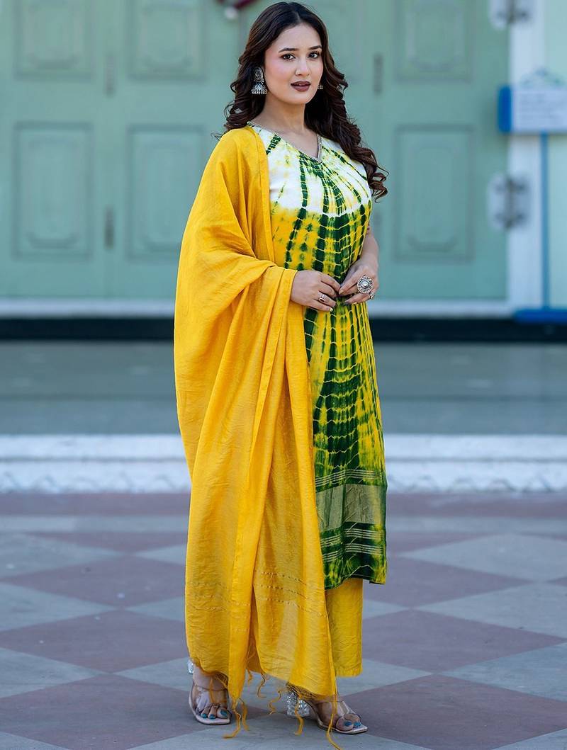 Abstract Printed V-Neck Pure Silk Kurta With Trousers & Dupatta