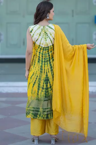 Abstract Printed V-Neck Pure Silk Kurta With Trousers & Dupatta