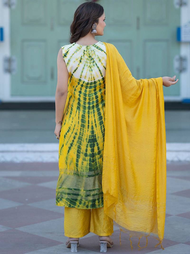 Abstract Printed V-Neck Pure Silk Kurta With Trousers & Dupatta