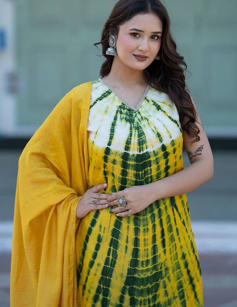 Abstract Printed V-Neck Pure Silk Kurta With Trousers & Dupatta
