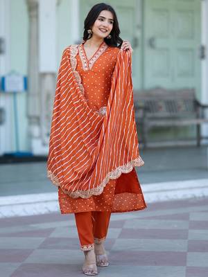 Women Bandhani Printed Empire Thread Work Kurta with Trousers & With Dupatta 1