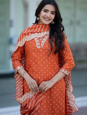 Women Bandhani Printed Empire Thread Work Kurta with Trousers & With Dupatta 2