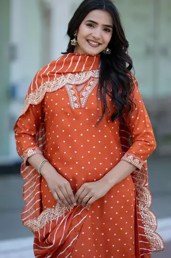 Women Bandhani Printed Empire Thread Work Kurta with Trousers & With Dupatta