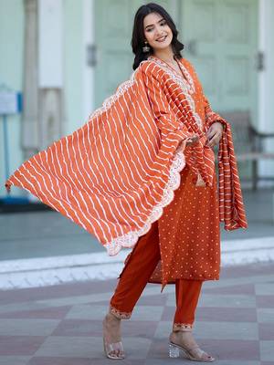Women Bandhani Printed Empire Thread Work Kurta with Trousers & With Dupatta 3