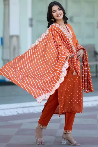 Women Bandhani Printed Empire Thread Work Kurta with Trousers & With Dupatta