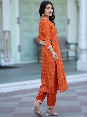Women Bandhani Printed Empire Thread Work Kurta with Trousers & With Dupatta 4