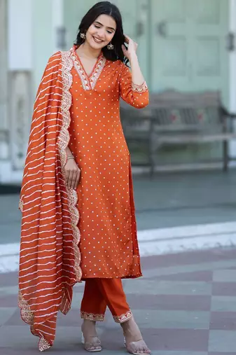 Women Bandhani Printed Empire Thread Work Kurta with Trousers & With Dupatta