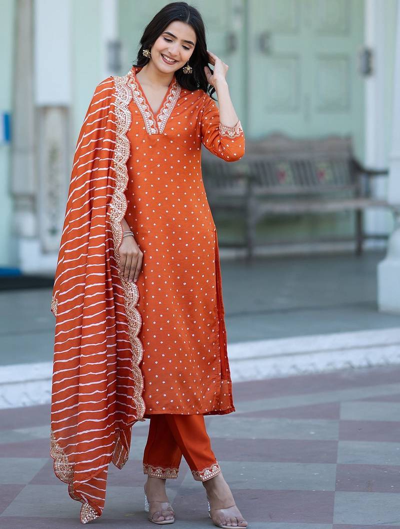 Women Bandhani Printed Empire Thread Work Kurta with Trousers & With Dupatta
