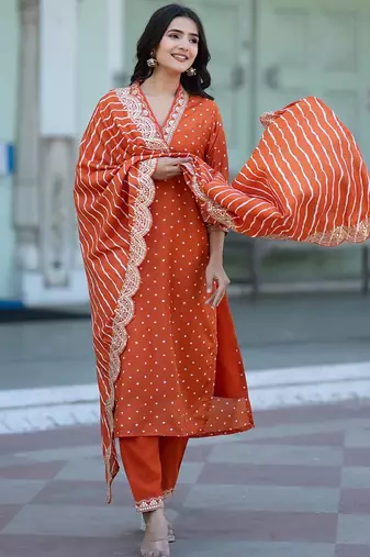 Women Bandhani Printed Empire Thread Work Kurta with Trousers & With Dupatta