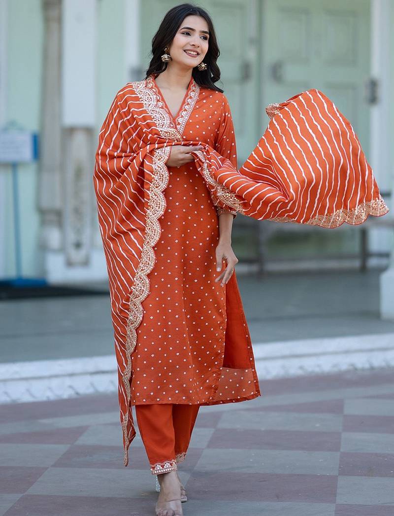 Women Bandhani Printed Empire Thread Work Kurta with Trousers & With Dupatta
