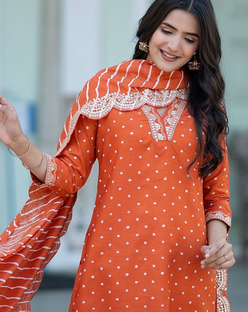 Women Bandhani Printed Empire Thread Work Kurta with Trousers & With Dupatta