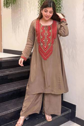 Women Ethnic Motifs Embroidered Regular Sequinned Silk Crepe Kurta with Palazzos