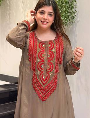 Women Ethnic Motifs Embroidered Regular Sequinned Silk Crepe Kurta with Palazzos 2