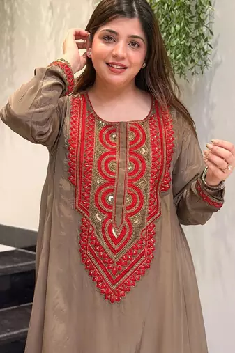 Women Ethnic Motifs Embroidered Regular Sequinned Silk Crepe Kurta with Palazzos