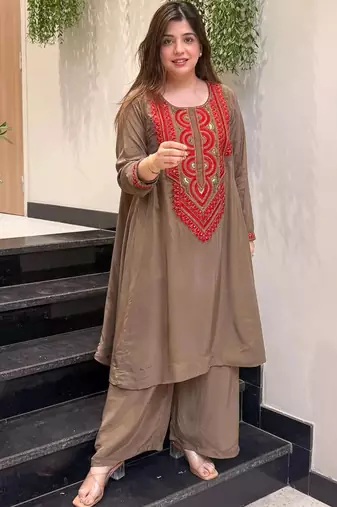 Women Ethnic Motifs Embroidered Regular Sequinned Silk Crepe Kurta with Palazzos