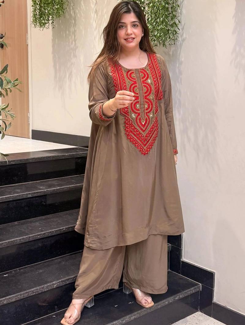 Women Ethnic Motifs Embroidered Regular Sequinned Silk Crepe Kurta with Palazzos