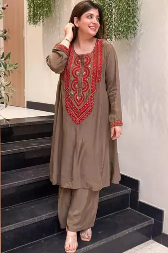 Women Ethnic Motifs Embroidered Regular Sequinned Silk Crepe Kurta with Palazzos